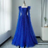 Luxury Sewed Beads Prom Gown A Line Square Neck Prom Dress with Feather ARD3171-SheerGirl