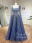 Luxury Sewed Beads Prom Gown A Line Square Neck Prom Dress with Feather ARD3171