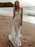 Mermaid Boho Wedding Dress Beach Bridal Dress Stunning Bohemian Lace Wedding Gown AWD2004-SheerGirl