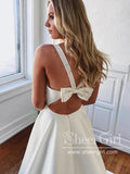 Minimalist A-Line V-Neck White Long Wedding Dress with Bow-Knot Satin Wedding Gown AWD2024-SheerGirl