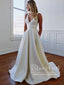 Minimalist A-Line V-Neck White Long Wedding Dress with Bow-Knot Satin Wedding Gown AWD2024