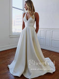 Minimalist A-Line V-Neck White Long Wedding Dress with Bow-Knot Satin Wedding Gown AWD2024-SheerGirl