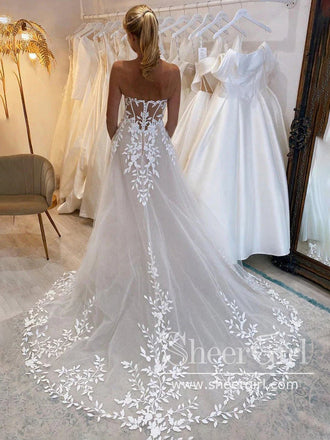 Floral Lace Princess A-line Wedding Dress with Sleeves Ball Gown Bridal  Dress AWD1788