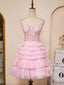 Pink Sweetheart Neck Layered Strapless Homecoming Dress Short Prom Dress ARD3005