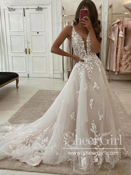 Delicate Lace V Neck A Line Wedding Dress Tulle Wedding Gown with Swee –  SheerGirl