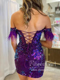Sequins Lace Homecoming Dress Off the Shoulder Short Dresses with Feather ARD3129-SheerGirl