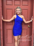 Single Shoulder Satin Short Prom Dress Short Homecoming Dress with Rhinestones ARD3148-SheerGirl