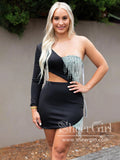 Single Sleeve Short Homecoming Dress Black Short Party Dress with Metal Strings ARD3016-SheerGirl