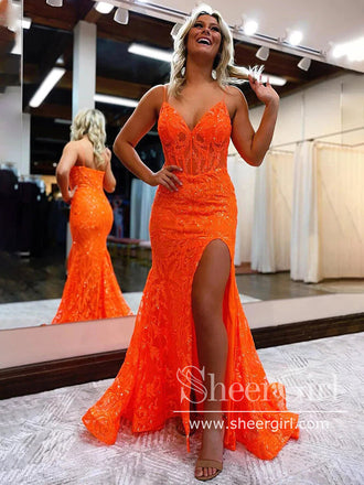 Spaghetti Strap Simple Prom Dresses with High Slit Lace Up Back V Neck –  SheerGirl