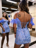 Sparkly Short Party Dress Sequins Lace Homecoming Dress Off the Shoulder Short Dresses with Feather ARD3133-SheerGirl