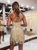 Sparkly Short Party Dress Sequins Lace Homecoming Dress Single Shoulder Short Dresses with Feather ARD3152-SheerGirl