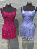 Sparkly Short Party Dress Sequins Lace Homecoming Dress Spaghetti Strapls Short Dresses with Feather ARD3174-SheerGirl