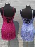 Sparkly Short Party Dress Sequins Lace Homecoming Dress Spaghetti Strapls Short Dresses with Feather ARD3174-SheerGirl