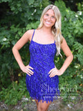 Sparkly Short Party Dress Sequins Lace Homecoming Dress Spaghetti Strapls Short Dresses with Feather ARD3174-SheerGirl