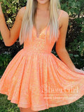 Strips Sequins Lace A Line Sparkly Short Prom Dress Backless Homecoming Dress ARD3154-SheerGirl