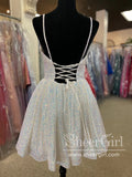 Strips Sequins Lace A Line Sparkly Short Prom Dress Backless Homecoming Dress ARD3154-SheerGirl