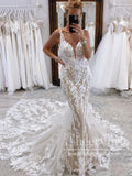 Stunning Plunge Neck Mermaid Bridal Gown with Scalloped Lace Train Wedding Dress AWD2031-SheerGirl