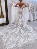 Stunning Plunge Neck Mermaid Bridal Gown with Scalloped Lace Train Wedding Dress AWD2031-SheerGirl