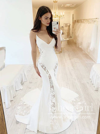 Halter Neck Mermaid Wedding Dress Backless Lace Wedding Gown with Swee –  SheerGirl