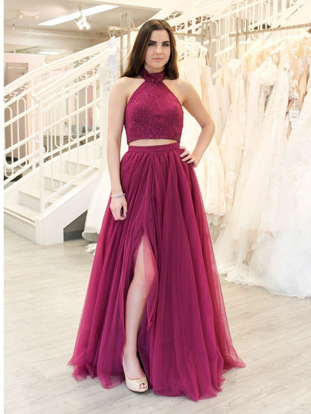 Beaded Fuchsia Lace Sheer Tulle Two-piece Prom Dress - Lunss