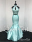 2 Piece Formal Dresses Blue Halter Lace Beaded Mermaid Prom Dresses 2018 APD3284