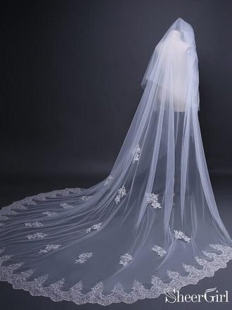 Floral Lace Edged Cathedral Veil Black Bridal Veil Wedding Veil