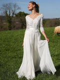 3/4 Sleeves Lace Top Long Chiffon Beach Wedding Dresses Ivory Country Bridal Dress AWD1264-SheerGirl