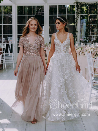 Summer Beach Wedding Dresses Lace Applique V Neck Plus Size Wedding Dr –  SheerGirl