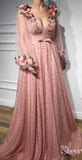 3D Floral Long Sleeve Pink Prom Dresses Pearl Beaded V Neck Formal Dress ARD1947-SheerGirl