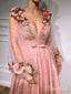 Vestidos de fiesta rosados ​​de manga larga florales en 3D Vestido formal con cuello en V y cuentas de perlas ARD1947