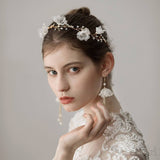 3D Flower Headband with Crystals, Ivory Flower Drop Earrings ACC1091-SheerGirl