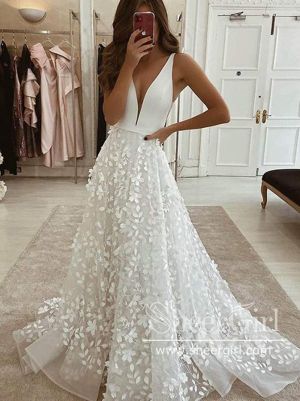 3D Flower Lace Plunge Neckline Wedding Dress with High Slit AWD1833