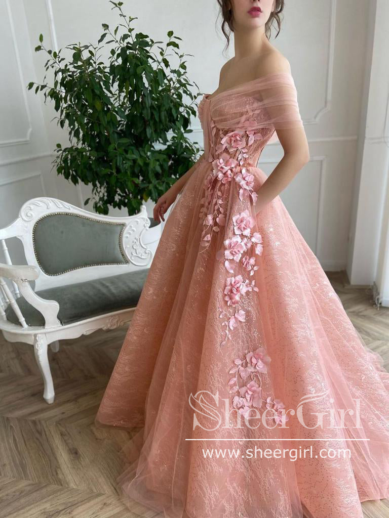 3D Flowers Off The Shoulder Prom Dresses Lace Long Formal Dress