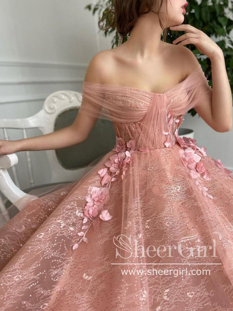 3D Flowers Off The Shoulder Prom Dresses Lace Long Formal Dress
