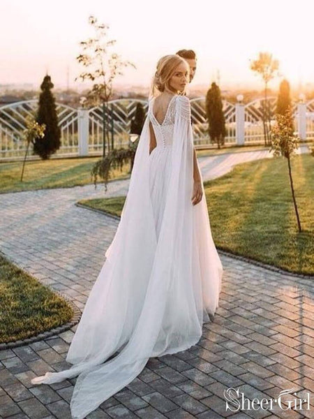 A Line Chiffon Wedding Dresses with Cape Sleeves AWD1345 SheerGirl