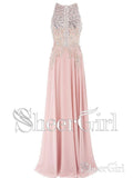 A Line Beaded Lace Long Pink Prom Dresses Open Back Plus Size Evening Dresses APD3335-SheerGirl