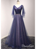 A Line Beaded Navy Blue Formal Dresses Pleated 3/4 Sleeve Maxi Prom Dresses ARD1031-SheerGirl