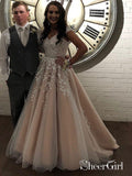 A Line Cheap Nude Quinceanera Dress Lace Appliqued Beaded Prom Dresses Long APD3375-SheerGirl