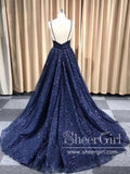 A Line Deep V Neckline Glitter Lace Long Prom Dress with Spagghetti Straps ARD2582-SheerGirl