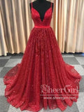 A Line Deep V Neckline Glitter Lace Long Prom Dress with Spagghetti Straps ARD2582-SheerGirl