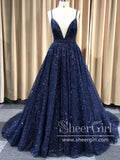 A Line Deep V Neckline Glitter Lace Long Prom Dress with Spagghetti Straps ARD2582-SheerGirl