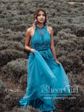 A Line Halter Neck Tulle Appliqued Floor Length Backless Prom Dress ARD2624-SheerGirl