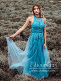 A Line Halter Neck Tulle Appliqued Floor Length Backless Prom Dress ARD2624-SheerGirl