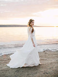 A Line Ivory Chiffon Beach Wedding Dresses with Sleeves See Through Bridal Dress AWD1207-SheerGirl