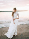 A Line Ivory Chiffon Beach Wedding Dresses with Sleeves See Through Bridal Dress AWD1207-SheerGirl