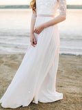 A Line Ivory Chiffon Beach Wedding Dresses with Sleeves See Through Bridal Dress AWD1207-SheerGirl