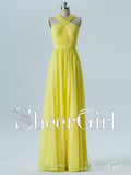 A Line Long Chiffon Cheap Backless Daffodil Yellow Bridesmaid Dresses with Sash PB10065-SheerGirl