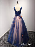 A Line Navy Blue Flower Appliqued Prom Dresses Bow Beaded Quinceanera Ball Gowns ARD1002-SheerGirl