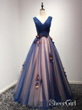 A Line Navy Blue Flower Appliqued Prom Dresses Bow Beaded Quinceanera Ball Gowns ARD1002-SheerGirl