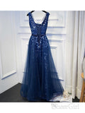 A Line Navy Blue Organza Formal Evening Dress V-Neck Lace Prom Dress with Belt ARD1006-SheerGirl